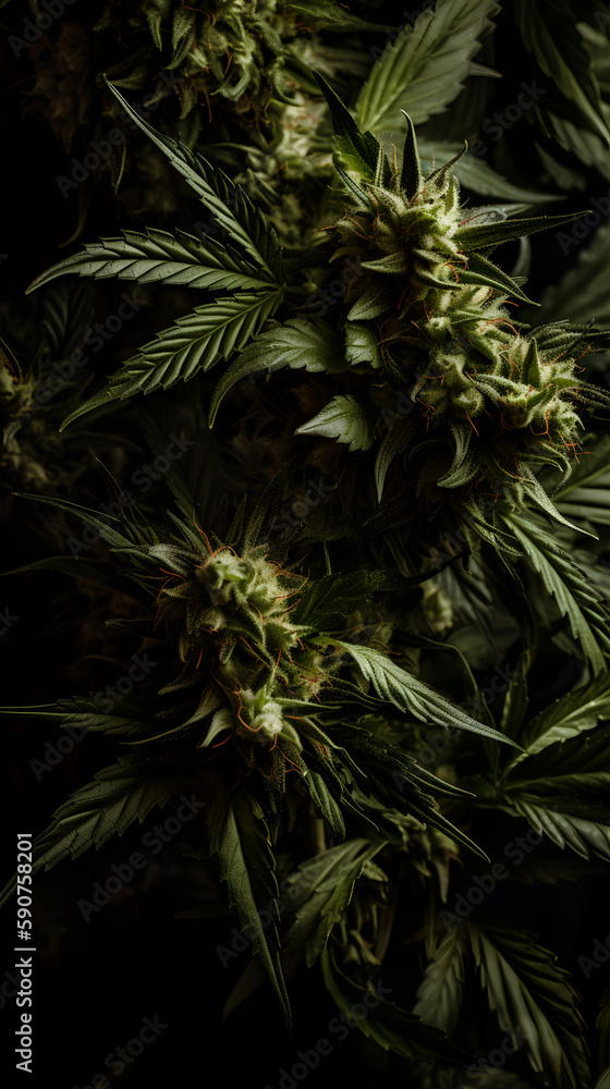 Cannabis bud close-up on a black background. Medicinal indica with CBD. Cannabis bud close-up on a black background. Medicinal indica with CBD.