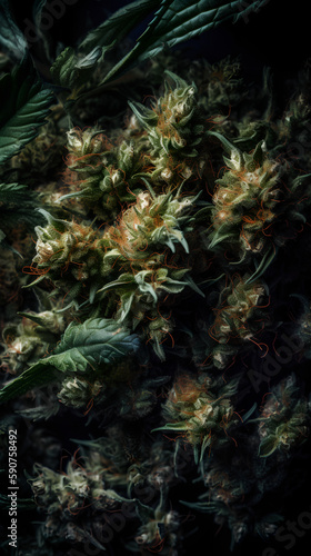 Cannabis flower on black background. Macro shot of marijuana bud.