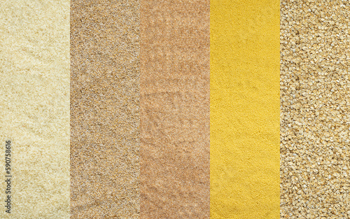 Various grain cereals banner, top view, white rice and wheat grits, couscous and oats