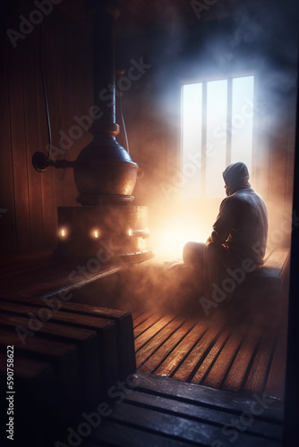 Sweating in the Sauna: Person Relaxing in Steamy Room