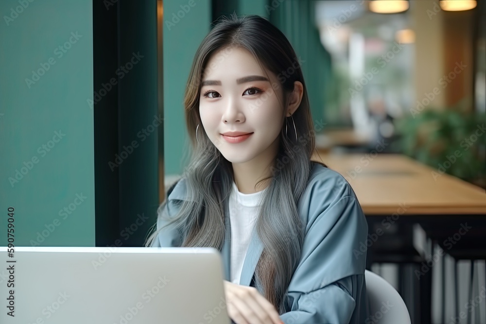 Portait of Asian business woman smile with computer laptop. Generative AI Portait of Asian business woman smile with computer laptop. Generative AI