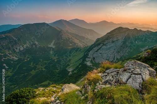 Poland, Tatra Mountains, Zakopane - Czerwone Wierchy, Malolaczniak, Krzesanica and Ciemniak peaks, Tomanowapass with Western Tatra mountain range panorama in background