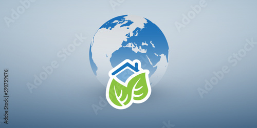 Eco House, Smart Homes, Global Envronmental Protection Concept Design - Pictogram, Symbol, House Icon With Leaves and Earth Globe on Blue Gradient Background - Illustration in Editable Vector Format
