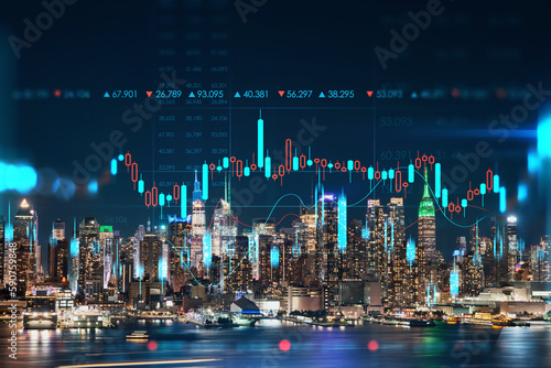 New York City skyline from New Jersey over Hudson River with skyscrapers at night, Manhattan, Midtown, USA. Forex graph hologram. The concept of internet trading, brokerage and fundamental analysis © VideoFlow