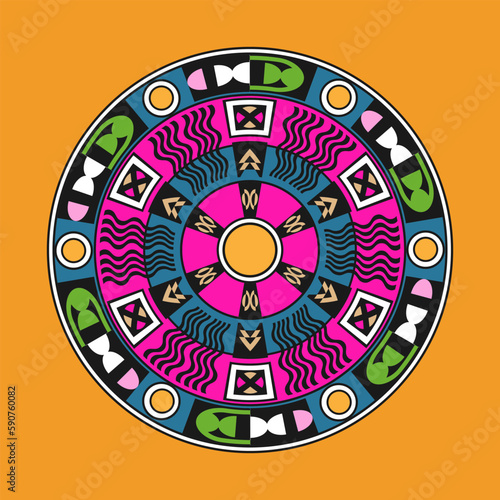 Round decorative panel, dish, mandala with an original radial ornament. Yellow background. Vector illustration