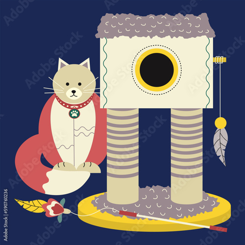 Animal cat elements set, claw sharpener with house, stick toy with feathers, cute cat with collar.
