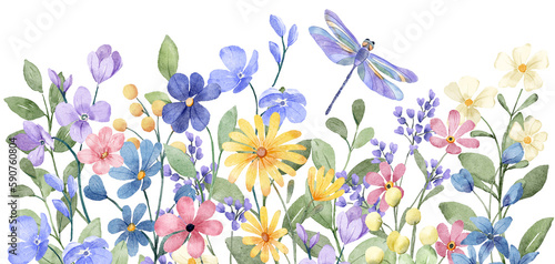 Flowers, floral border with dragonfly. Watercolor hand drawing. 