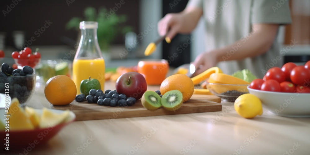 Bright Kitchen with Wooden Countertop, Abundant Fruits and Vegetables, and Blurry Chef in the Background