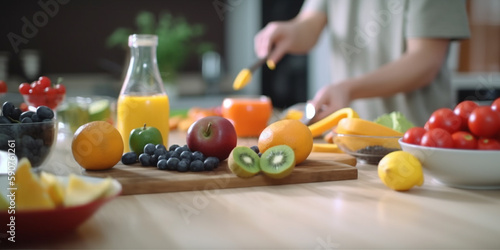 Bright Kitchen with Wooden Countertop  Abundant Fruits and Vegetables  and Blurry Chef in the Background