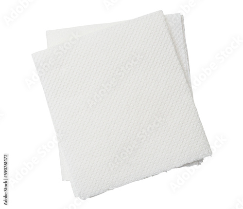 Two folded pieces of white tissue paper or napkin in stack tidily prepared for use in toilet or restroom are isolated on white background with clipping path in png format