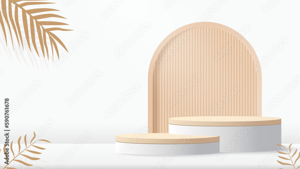 Fototapeta premium Podium platform to show product with beige geometric shape. White minimal scene for product display presentation