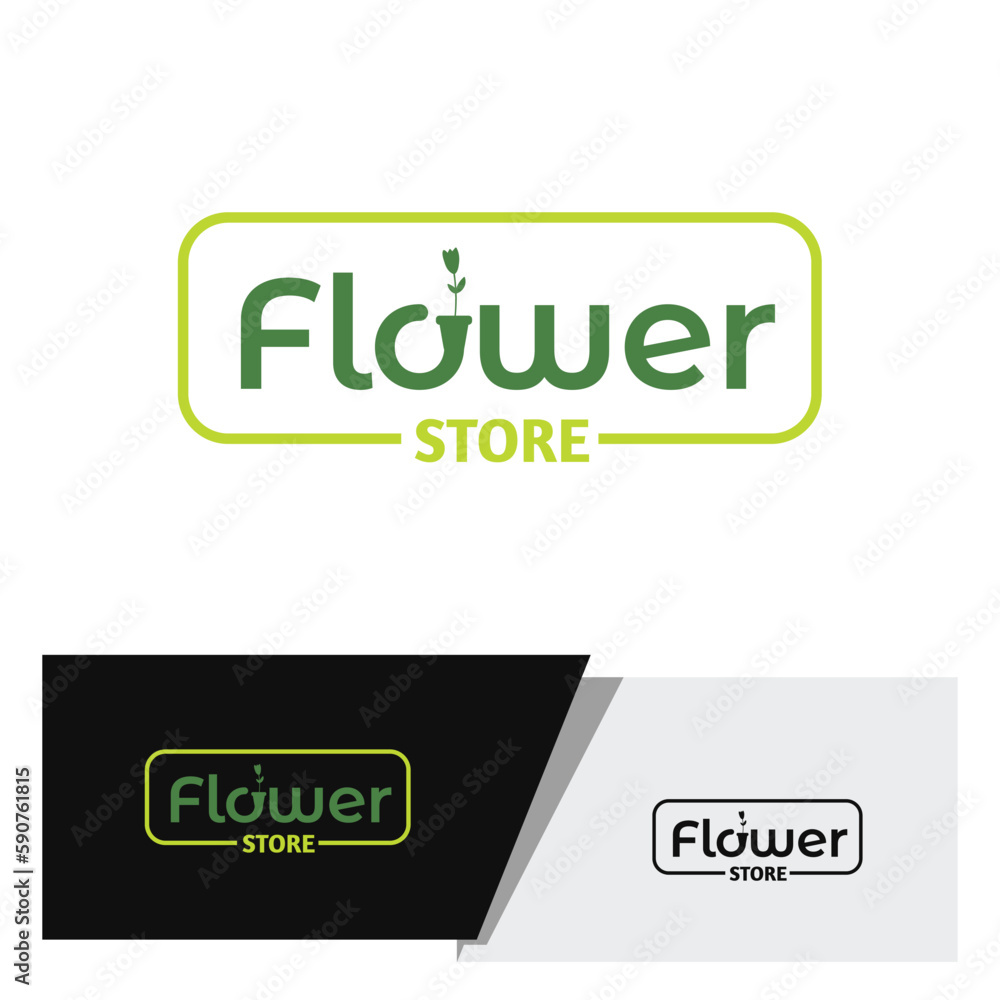 Logo wordmark for flower store with frame and with flower and pot icon attached to the letter in green color Logo wordmark for flower store with frame and with flower and pot icon attached to the letter in green color