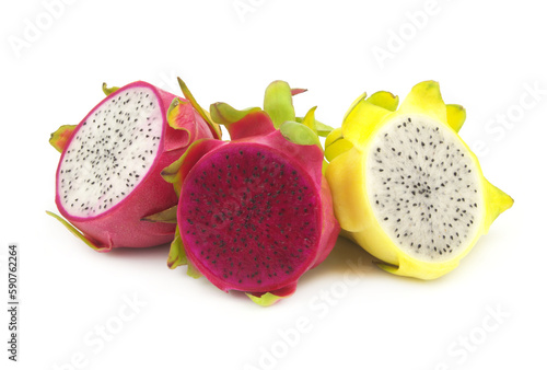 Yellow, red and white pitaya fruits isolated on white 