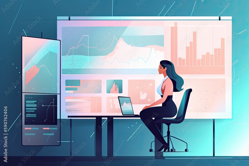 Obraz premium businesswoman making a presentation in front of a large screen with financial data displayed, flat illustration