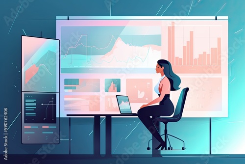 businesswoman making a presentation in front of a large screen with financial data displayed, flat illustration