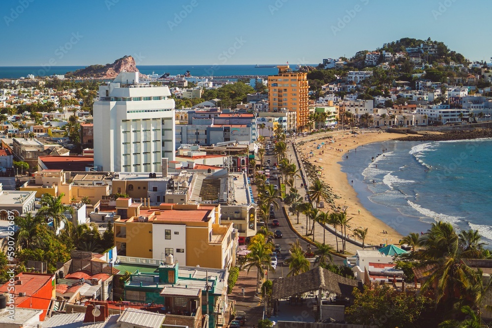 Aerial shot of a tourist attraction in Mazatlan with modern coastal buildings, Mexico