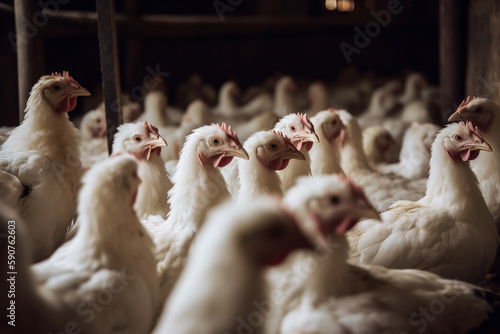 A generatiev AI image of broiler chickens in a factory farm shed photo