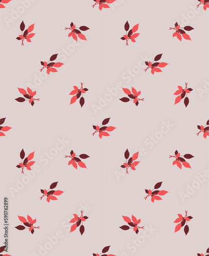 Floral seamless pattern with red and brown leaves on light grey background. Leaf motifs scattered random. Good for wrapping paper, wallpaper, textile, card, web. Vector illustration.