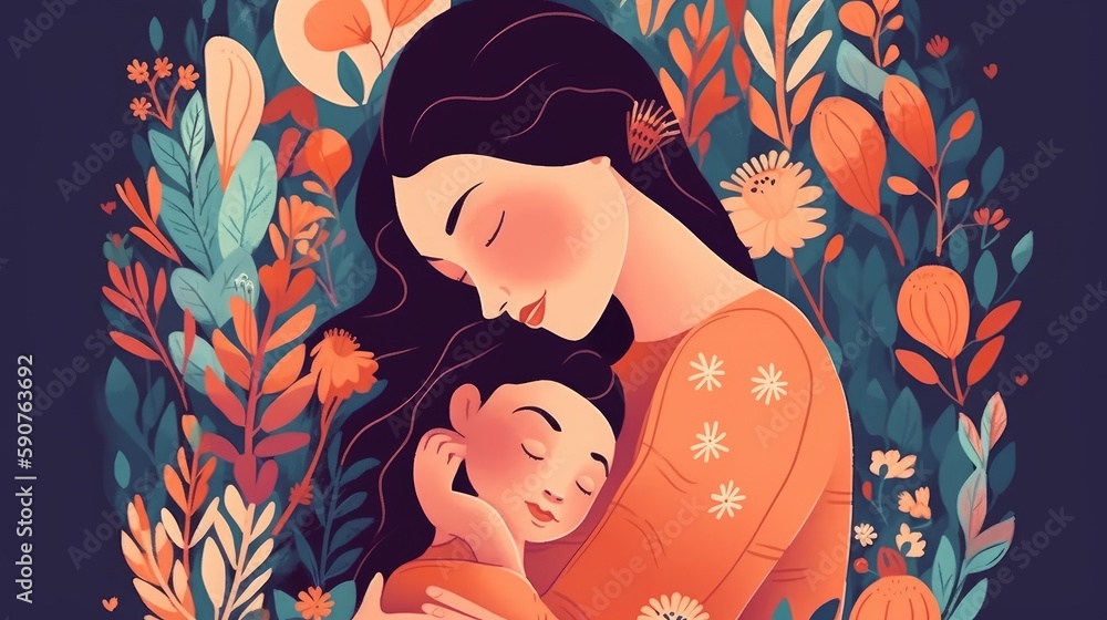 A mother and her baby are hugging each other. Flat Illustration. Children's Book. Generative AI