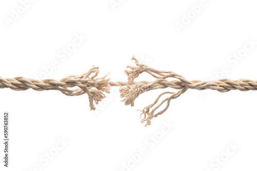 Frayed rope about to break concept for stress, problem, fragility or precarious business situation 