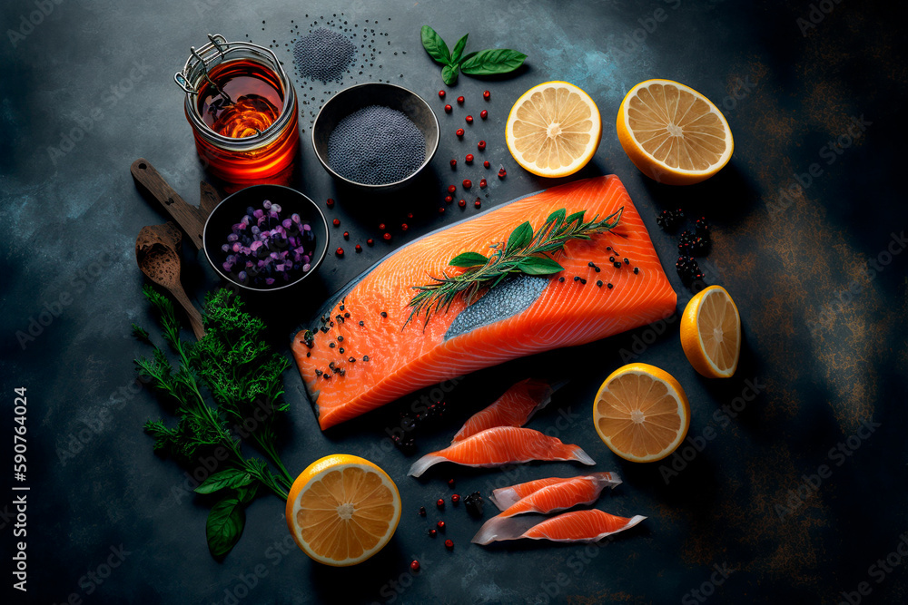 A succulent red fish fillet, expertly seasoned and presented on a sleek black table. Generative AI A succulent red fish fillet, expertly seasoned and presented on a sleek black table. Generative AI