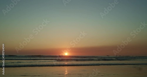 Slow-motion footage of Nosara's beach and the ocean waves in Costa Rica at sunset in the evening photo