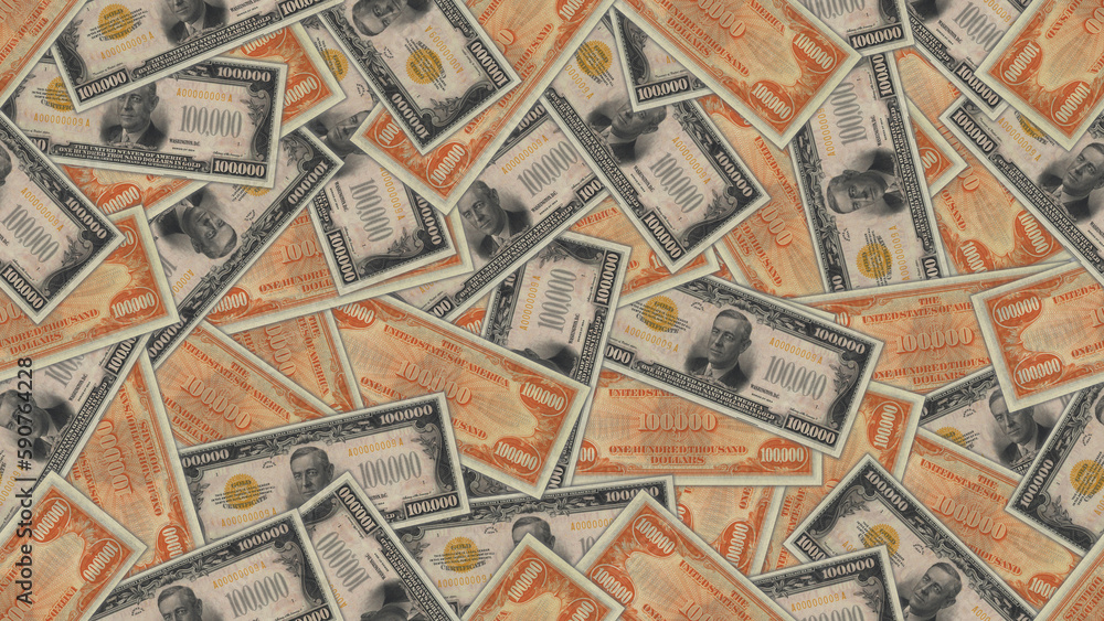 Financial american vintage illustration. Seamless pattern. Randomly scattered paper banknotes of 100000 dollars. Wallpaper or background.