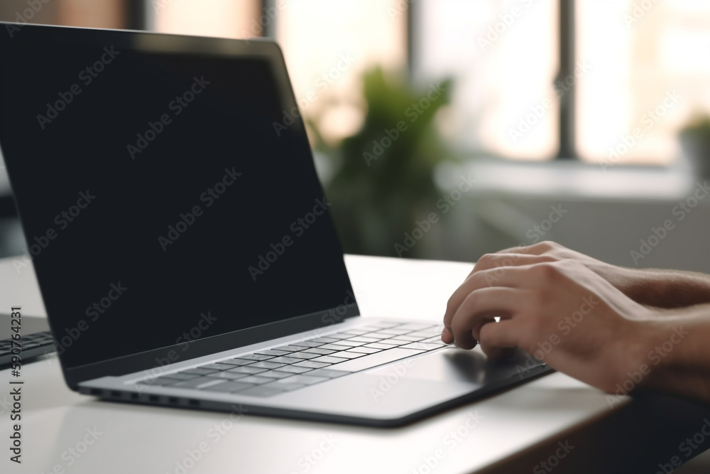 Young man using laptop computer with blank empty mockup screen, Generative AI
Young man using laptop computer with blank empty mockup screen, Generative AI
