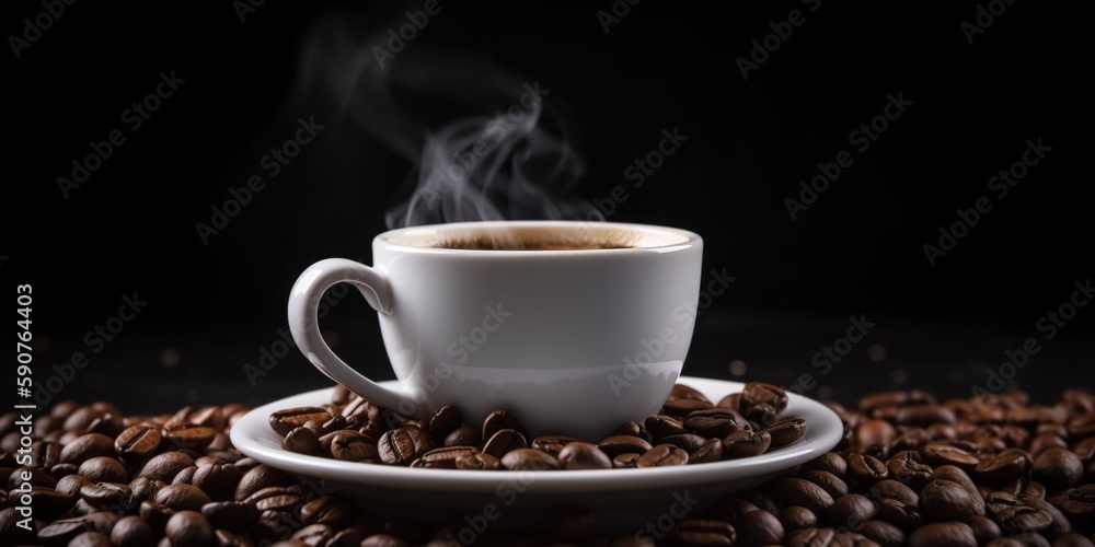 Coffee cup and coffee beans on table, generative ai Coffee cup and coffee beans on table, generative ai