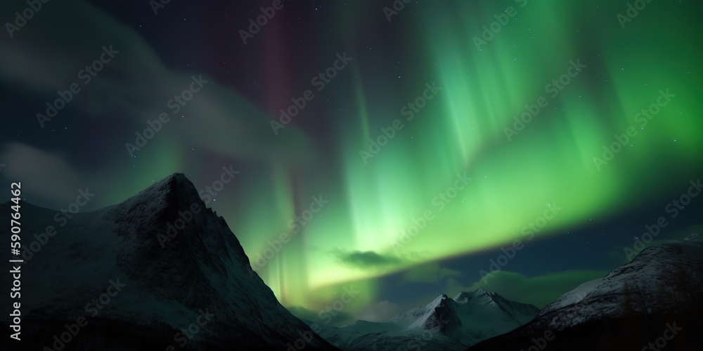 Green aurora borealis shining in night sky over snowy mountain ridge near lake at night, Aurora borealis, generative ai