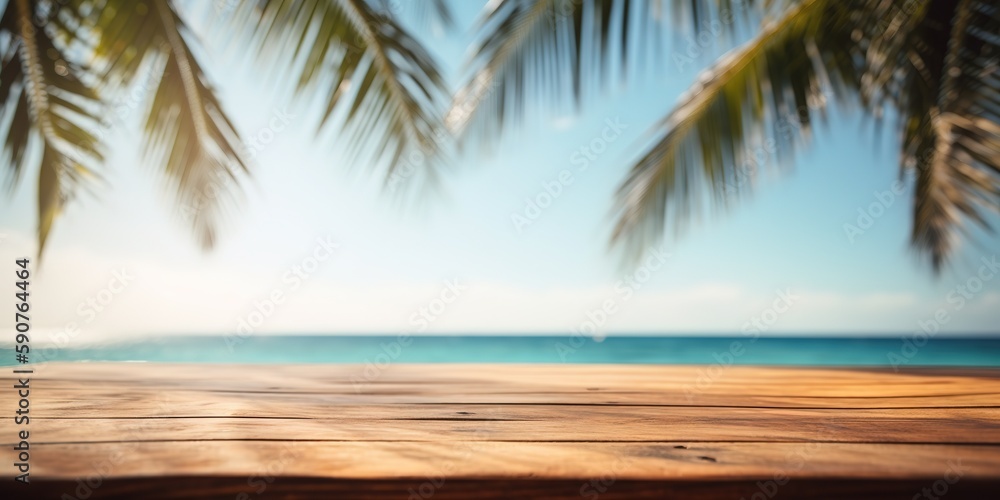 Empty wood table with tropical sea with palm leaves, Background with copy space for product display, Summer vacation, generative ai Empty wood table with tropical sea with palm leaves, Background with copy space for product display, Summer vacation, generative ai