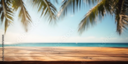 Empty wood table with tropical sea with palm leaves, Background with copy space for product display, Summer vacation, generative ai 