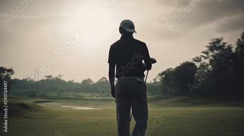 golf and man swing driver on field for exercise photo
