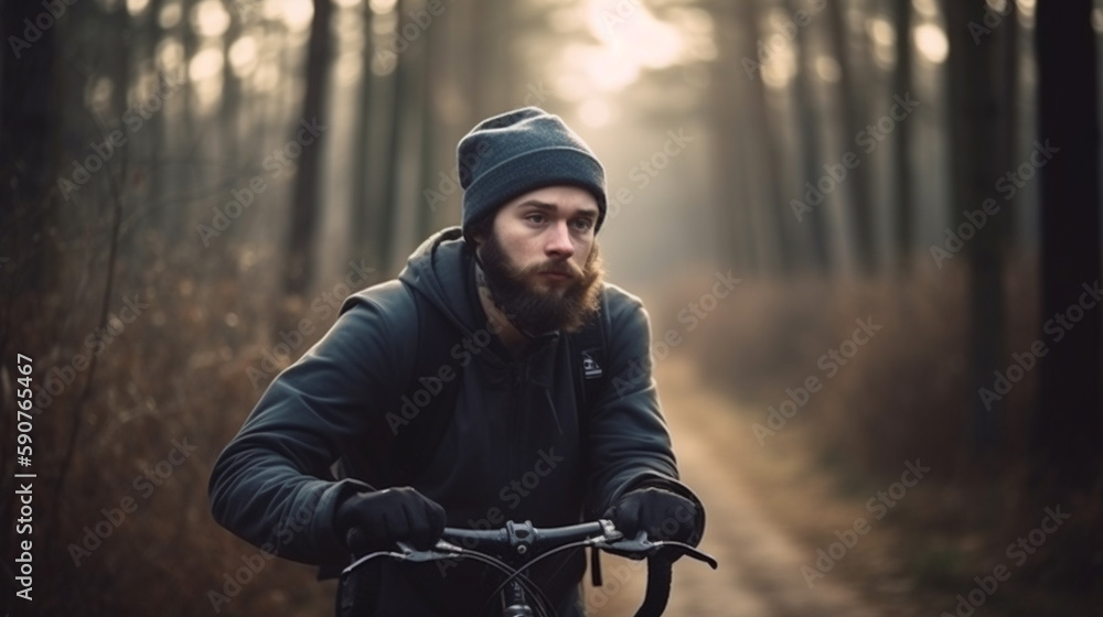 man cyclist with a bicycle for cardio training