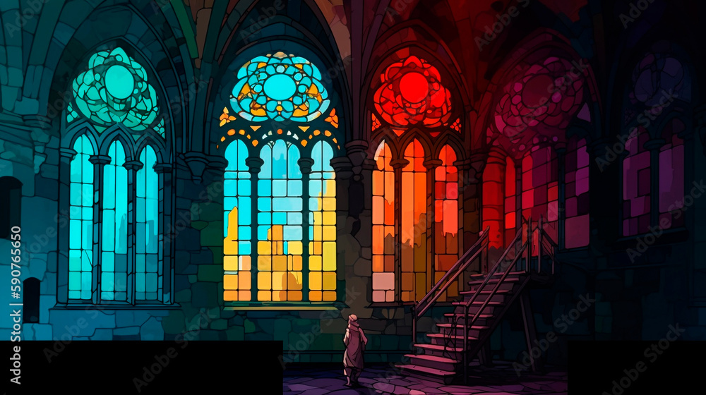 romantic ruins, realistic color palette, stained glass, concept art, dark blue and red, richly colorful figuration
