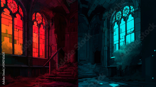 romantic ruins  realistic color palette  stained glass  concept art  dark blue and red  richly colorful figuration
