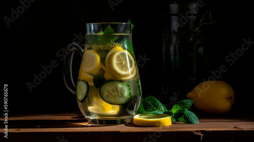 Saturated water in a beautifully shaped glass, with lemon, cucumber slices and mint, professional studio photo
