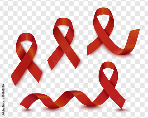 A large set of realistic red ribbons highlighted on a transparent background, a symbol of World AIDS Day, December 1. The symbol of the World Cancer Day, February 4. Design template.