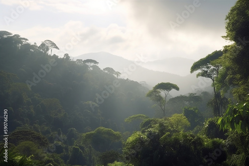 Aerial view of misty rainforest on a sunny day with towering trees