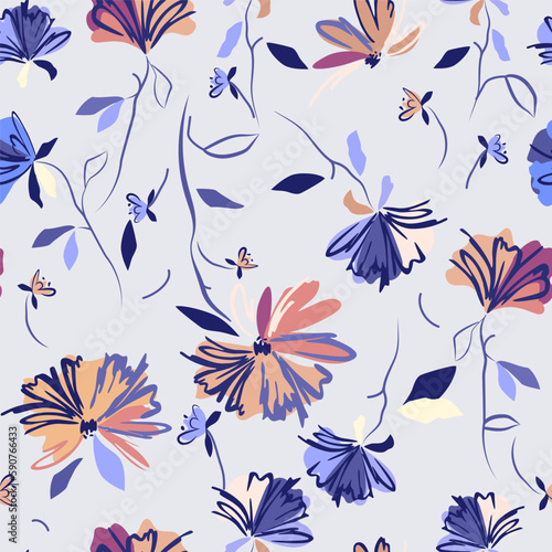 Handmade floral background. Botanical background from abstract flowers. Sketchy drawing from contours and strokes, light blue background. wallpapers, bedspreads, bed linen, textiles
