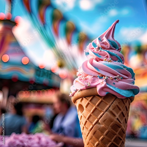 A shot of a soft serve ice cream cone, with vibrant swirls of pink and blue. In the background, a playful carnival scene with a Ferris wheel and cotton candy stand.