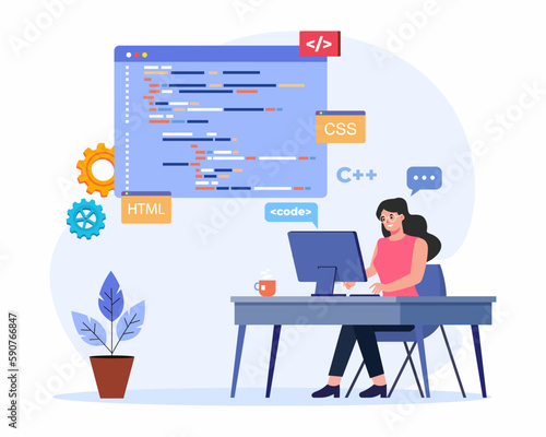 Young woman sits at a table and working on the computer, Programmer or developer create code programming language. PHP, HTML, C++, CSS, JS.
