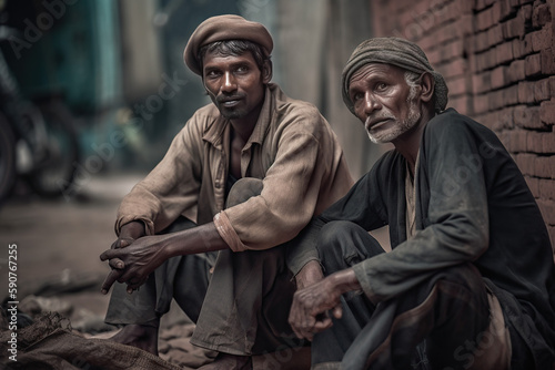 Poor workers where man sitting on the street with another poor man both arab or indian, Generative AI