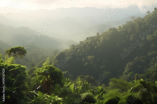 Aerial view of misty rainforest on a sunny day with towering trees © artefacti