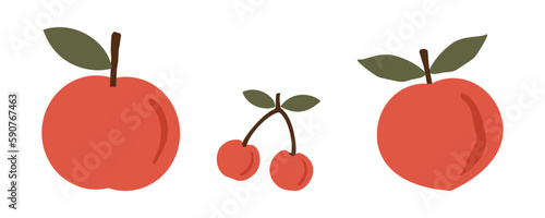Set of peach fruit, cherry and apple with green leaves isolated on white background vector.