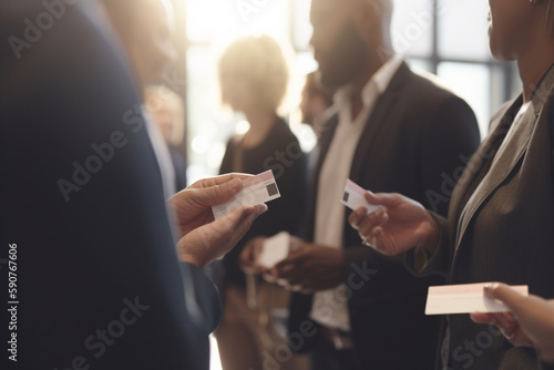 Networking at Business Conference: Blurred Professionals Exchanging Business Cards