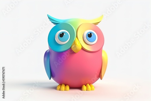 Cute colorful owl 3d render on isolated background.