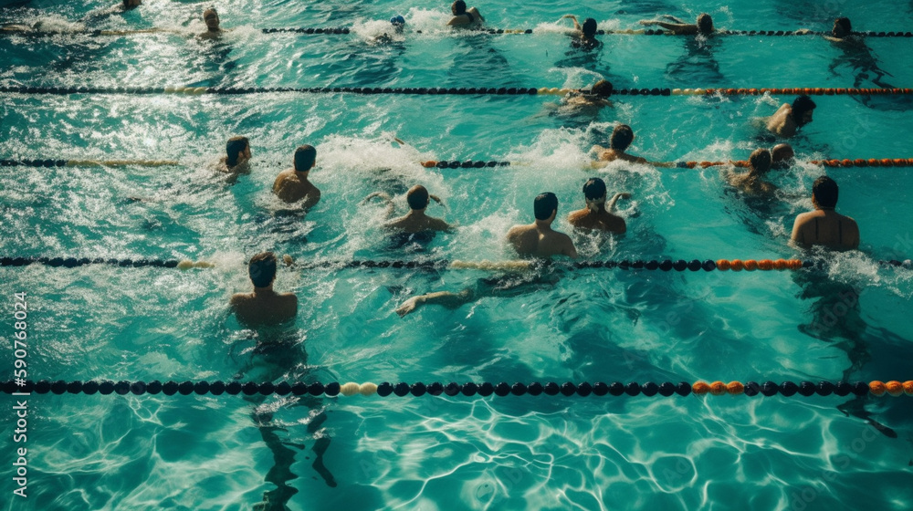 Race, sports and people swimming in a pool