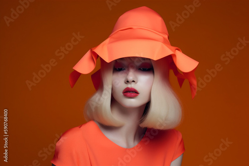 portrait woman glasses colourful hat latex fashion creative stylish beauty art. Generative AI.