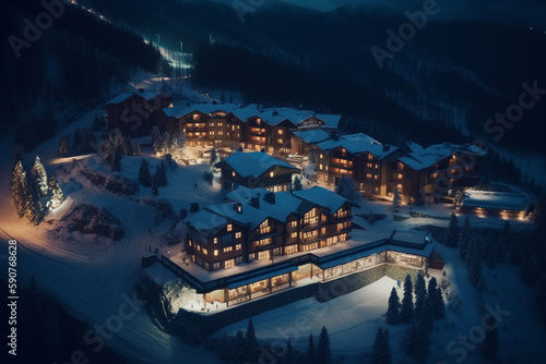 Aerial view of a snowy mountain resort at night with glowing houses and streets